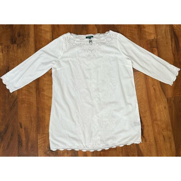 Lauren Ralph Lauren 3/4 Sleeve Lace Trim Shift Dress White Women's Size 16 Beach - Picture 2 of 8